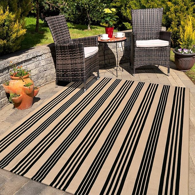 KIMODE Indoor Outdoor Rug 5'x7', Black and Khaki Striped Outdoor Rug,Reversible Washable Large Patio Rugs, Cotton Hand Woven Farmhouse Indoor Area Rug Floor Carpet for Backyard Living Room