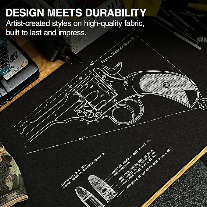 MPCO. Blueprints Large Gaming Desk Pad - 36" x 17" Aeroglyde Fabric Pistol Webly Mark IV – Black Desk Mats - Non-Slip, Washable, Smooth Glide for Precision Gaming & Work