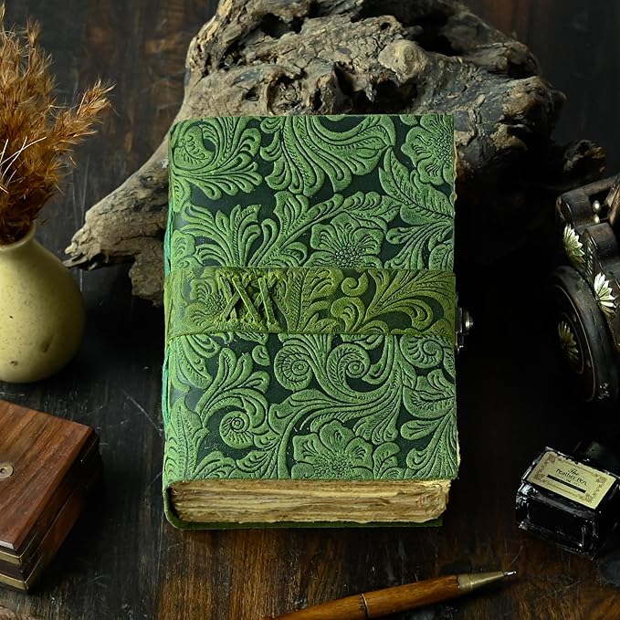 400 Page Leather Journal - Antique Handmade Deckle Edge Vintage Paper Leather Bound Journal - Book of Shadows Journal - Leather Sketchbook - Drawing Journal - Great Gift 7X5 Lock Green
