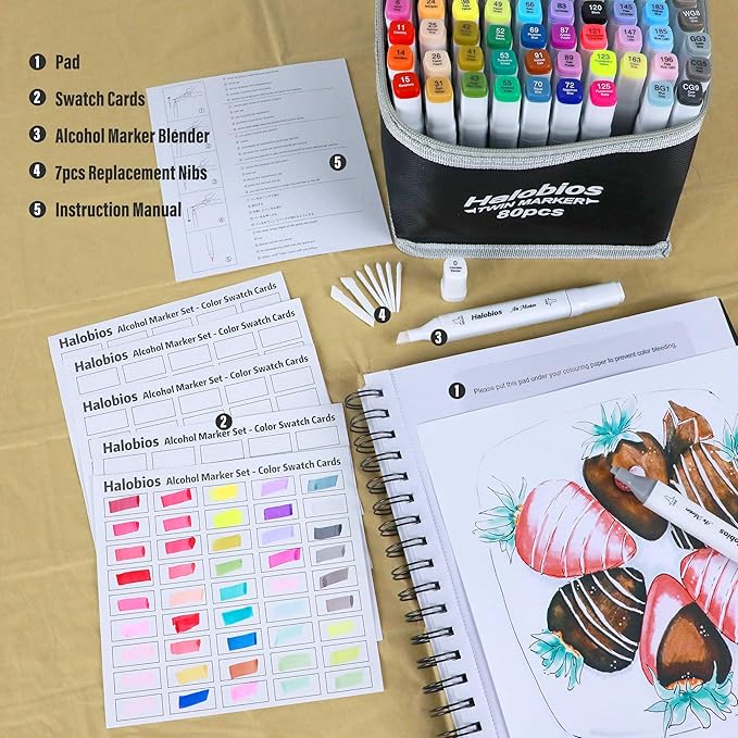 80 Alcohol Markers, Dual Tip Fine & Broad Drawing Markers Alcohol Marker Set with Case, Art Marker for Kids Adults Coloring Artists Drawing Sketching Card Making and Illustration