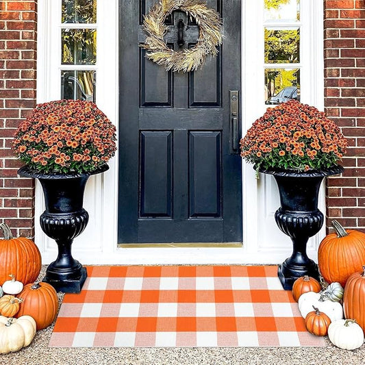 KIMODE Fall Door Mat Outdoor Orange and White 24"x51",Halloween Doormat,Washable Cotton Buffalo Plaid Check Front Door Rug for Layering Rugs,Halloween Porch Decorations,Entryway,Farmhouse