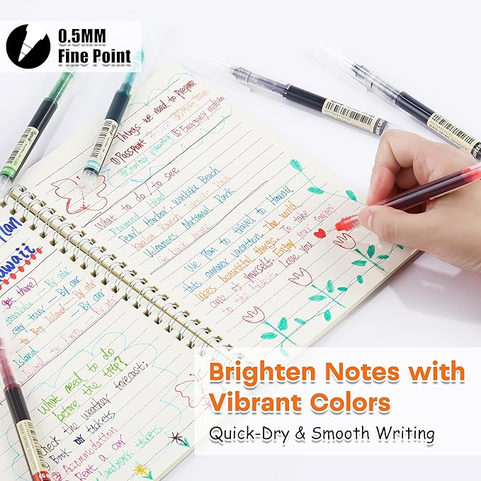 RIANCY Liquid Ink Rollerball Gel Pens, 0.5mm Extra Fine Point Tip, 12ct Assorted Colors, Smooth Writing No Smear No Bleed, Vibrant for Journaling, Drawing, Sketching, School Notes & Art Supplies