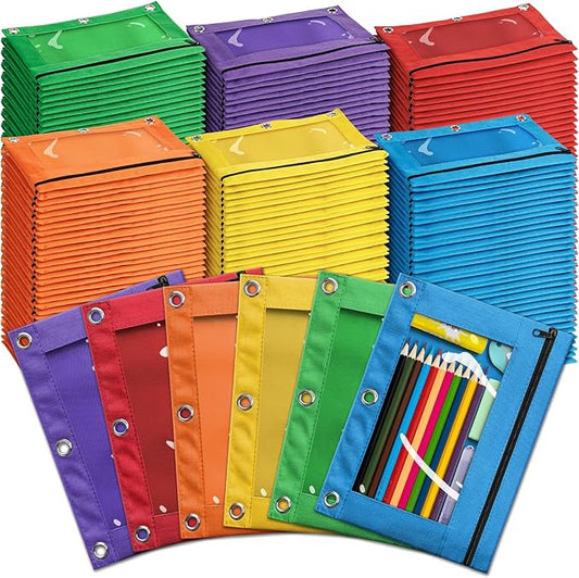 Pencil Pouch for 3 Ring Binder, Bulk 144 Pack 3-Holes Zipper Pencil Pouches in Assorted Colors, Sturdy and Durable Cloth Pencil Holder with Clear Window for Office School College Supplies