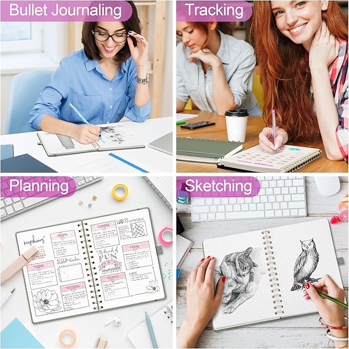 RETTACY Bullet Dotted Journal Notebook, 140 Pages, A5 Medium Size (5.7'' x 8.3''), Hardcover, 100 GSM Thick Paper, for Bullet Journaling, Planning, Tracking (Lilac)