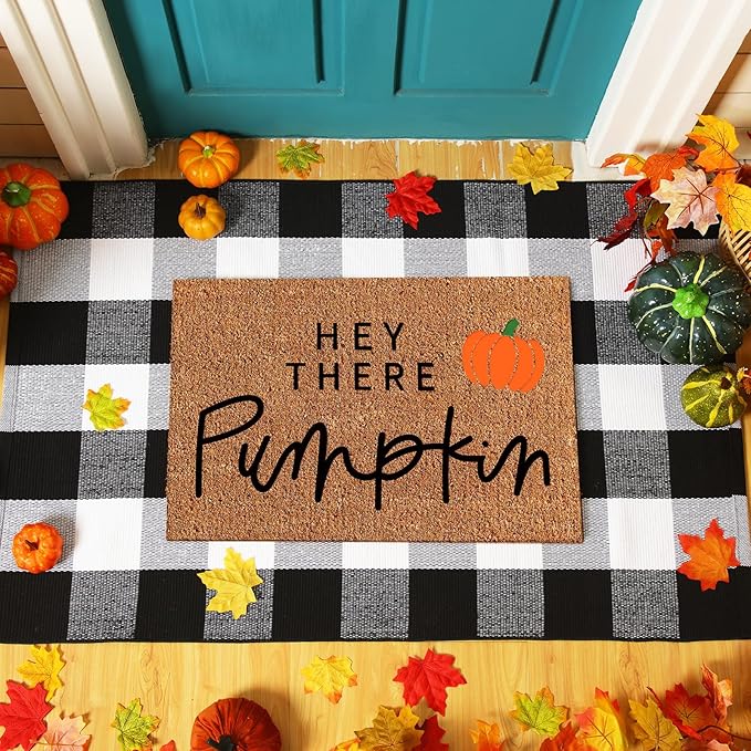 2 Pcs Fall Coir Doormat Outdoor Hey Pumpkin Welcome Outdoor Rugs for Layered Buffalo Black White Plaid Mats for Thanksgiving Autumn Fall Front Door Porch Entryway Decor