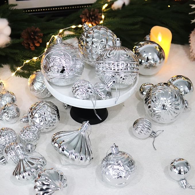 Christmas Ornaments Set with 36pcs Shatterproof Christmas Tree Decorations Multi-Size Christmas Ball Ornaments with 7 Styles Silver