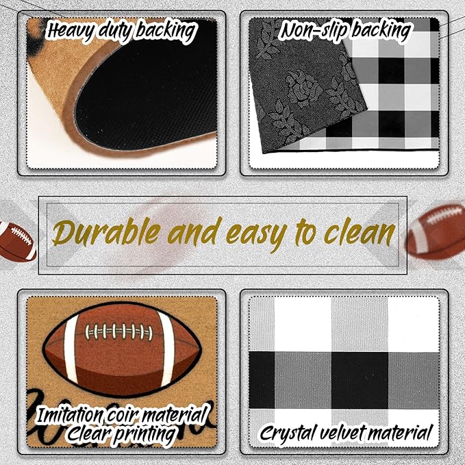 2 Pcs Football Front Porch Rug Buffalo Plaid Football Door Mat Imitation Coco Coir Football Welcome Layering Rug for Outdoor(Black and White 1,28 x 43 Inch,Football)