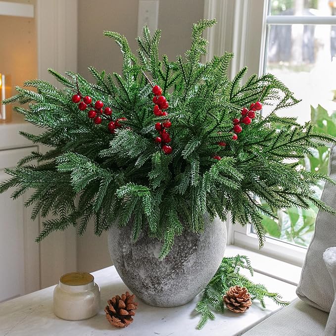 Artificial Faux Christmas Norfolk Pine Stems Branches for Vases,12 Bundles Fake Evergreen Real Touch Greenery Stem with 3 PCS Red Berry Branches for Xmas Holiday Winter Table Indoor Decor
