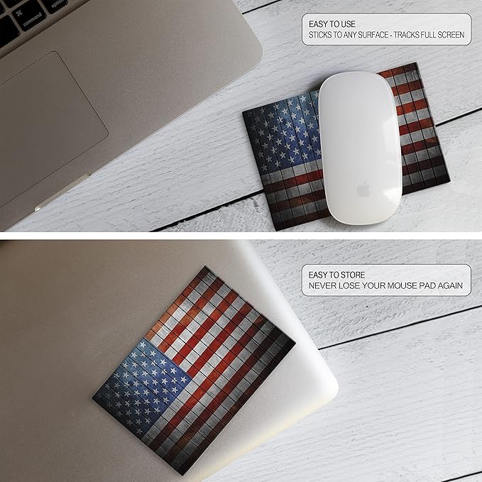 Adhesive Mouse Pad - Peel and Sticks to Any Surface - Travel Mouse Pad, Sticky for Any Surface - Excellent Tracking - USA Flag Wooden