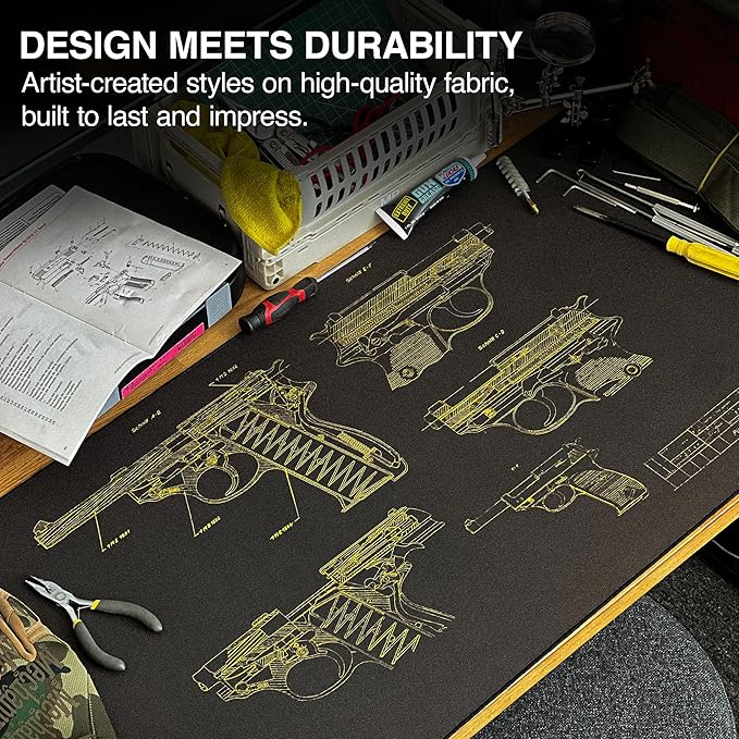MPCO. Blueprints Large Gaming Desk Pad - 36" x 17" Duraglyde Fabric Pistol 38 – Black/Yellow Desk Mats - Non-Slip, Washable, Smooth Glide for Precision Gaming & Work