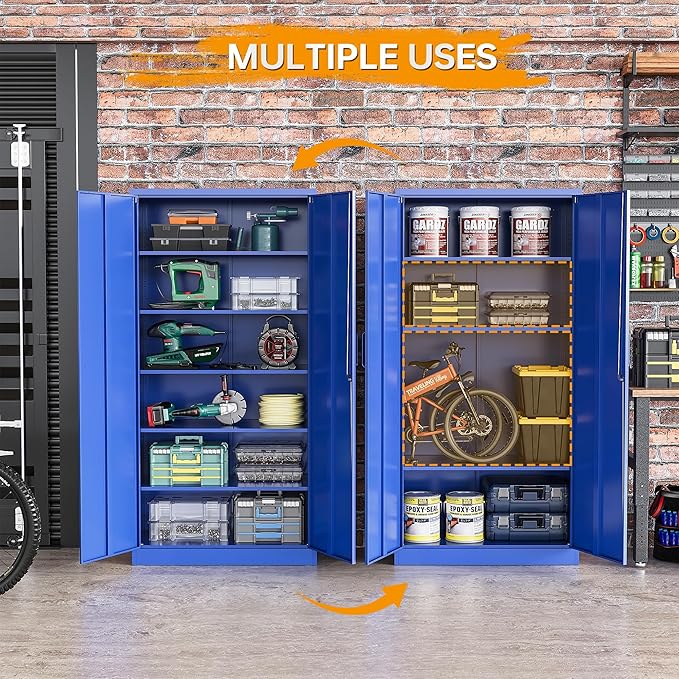 STANI Metal Garage Storage Cabinet with Lock, 71" Steel Lockable File Cabinet, Locking Steel Storage Cabinet with 5 Adjustable Shelves for Home, Office, Garage, Warehouse (Blue, 2 Door - 71" H)