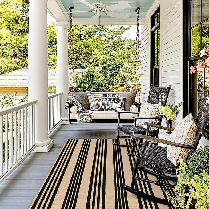 KIMODE Indoor Outdoor Rug 4'x6',Washable Reversible Black and Khaki Striped Rug,Cotton Hand Woven Patio Rug Floor Carpet, Farmhouse Decor Porch Rug for Outdoor Backyard Living Room