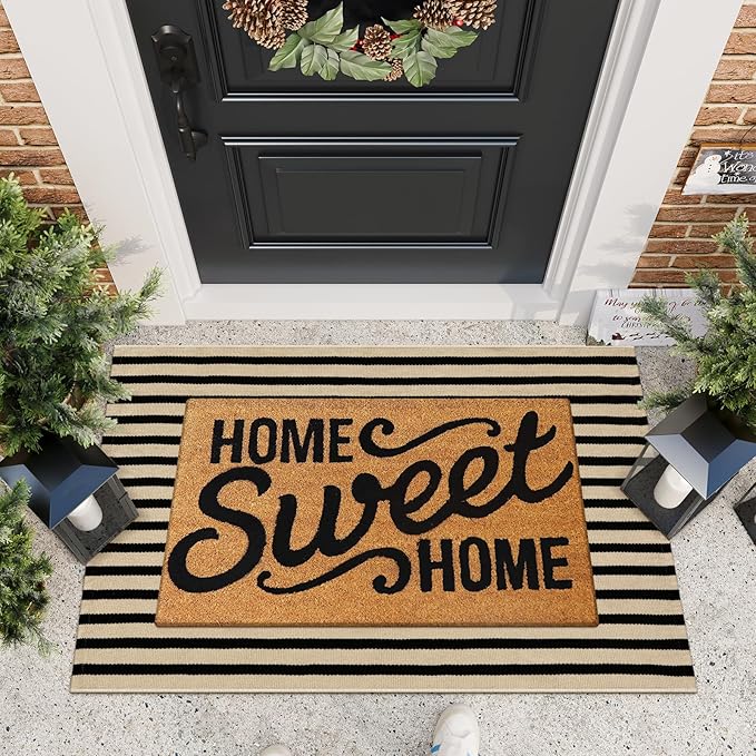 KIMODE Striped Outdoor Rug 27.5x43 Inches, Machine Washable Outdoor Front Porch Rug, Black and Khaki Front Door Mats, Hand Woven Welcome Layered Doormat Entryway Rug for Entrance, Doorway