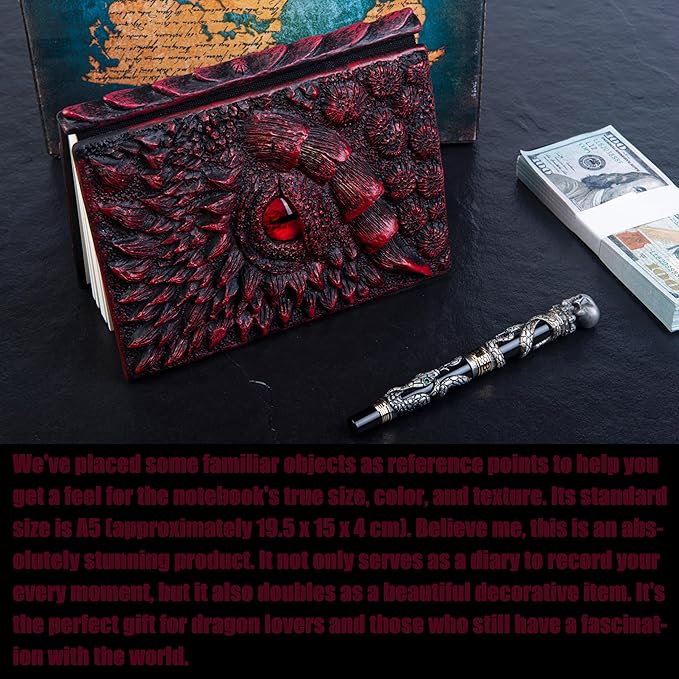 3D Dragon Eye Embossed Journal,Resin Engraving Notebook,Dnd notebook for Dragon Lovers ，Blank Paper,Hardcover Travel Notepad for Writing,Sketchbook,Collection,Gift,Decoration A4 and A5 Size (A5-Red-Lined)