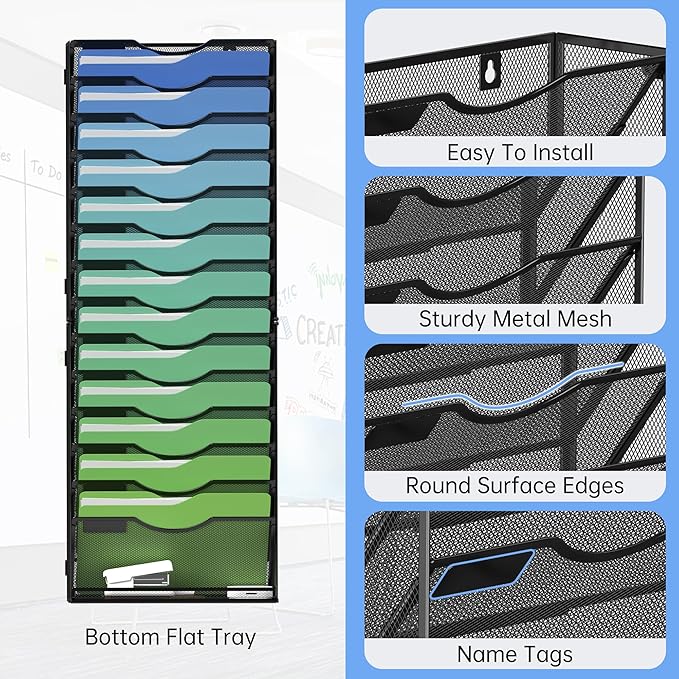 Kuntine.B Wall File Organizer Office Hanging Magazine Holder Wall File Organizer for Office Home (Black, 15 Tier)