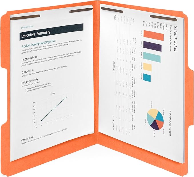 50 Orange Fastener File Folders - 1/3 Cut Reinforced Tab - Durable 2 Prongs Bonded Fastener Designed to Organize Standard Medical Files, Office Reports - Letter Size, Orange, 50 Pack