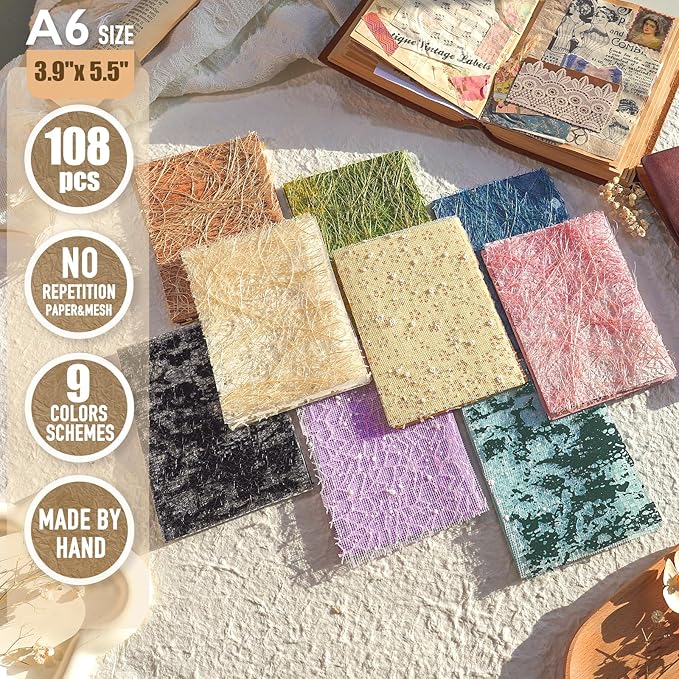 108 Sheets Unique Textured Scrapbook Paper and Mesh Fabric Set - 9 Pack No Repeat Special Paper Assorted Mixed for Scrapbooking Planner Junk Journal Supplies Media Collage Card 3.9x5.5 Inch
