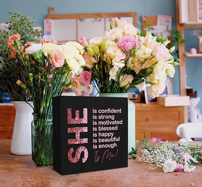 SRADMO Inspirational Woman Affirmation Wood Box Sign, Feminist Gifts, Female Women Empowerment Gifts, Motivational Positive Wooden Block Box Sign Decoration for Home Shelf Table Decor(Black), 8x8 Inch