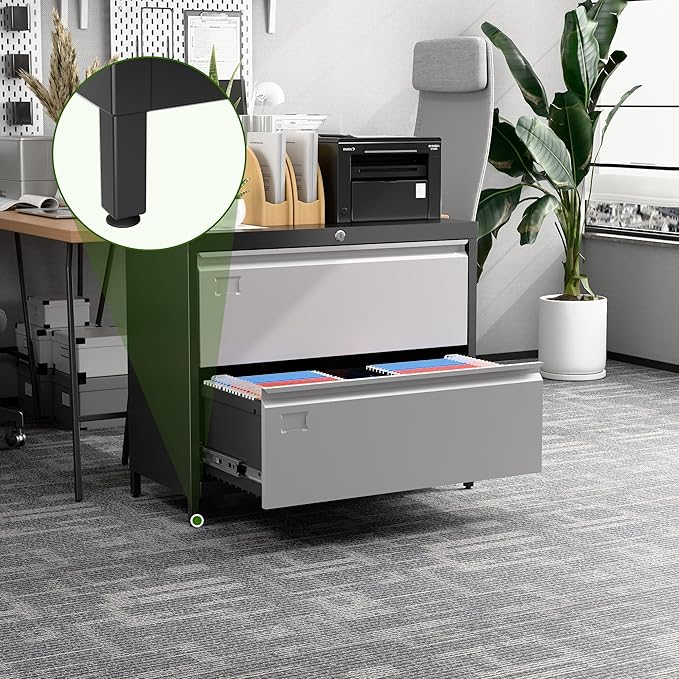 Metal 2 Drawer Lateral File Cabinet with Lock & Adjustable Feet - Wide Filing Cabinet for Letter/Legal/F4/A4 Hanging Files - Includes Business Card Holder,Home Office School Storage,Black/Grey