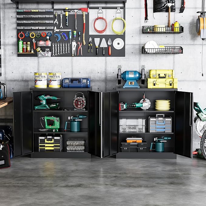 STANI Metal Storage Cabinet with 2 Adjustable Shelves, Steel Counter Cabinet with Lockable Doors for Home Office (Black)