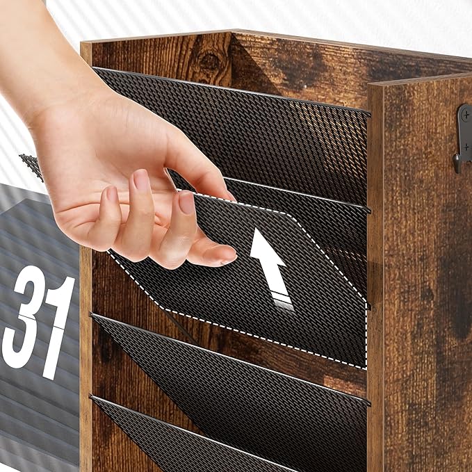 Hanging Wall File Organizer, 6 Tier Wood Wall File Holder with 2 Hooks, Mail Organizer Wall Mounted with Bottom Flat Tray, Vertical Paper Desk Storage for Office, Home, Rustic Brown