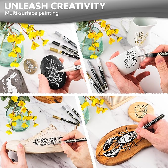 Stylo 4 Count Acrylic Metallic Pens - Gold Paint Pens - Fine Tip Permanent Acrylic Metallic Paint Markers for Rock Painting, Glass, Wood, Ideal for Arts and Crafts (Pack of 4, Gold)