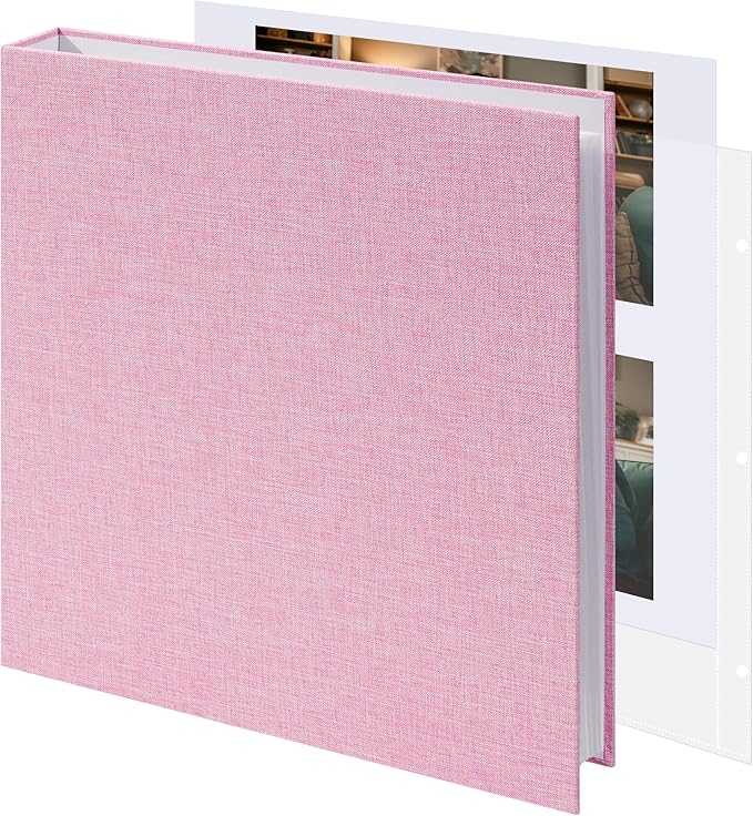 Vienrose Scrapbook 8.5x11 Inch Large 3 Ring Binder Photo Album, Linen Cover DIY Scrap Book with 30 Sheets Plastic Sleeves 60 Pages Blank White Inner Pages for Wedding Birthday Baby Travel Pink