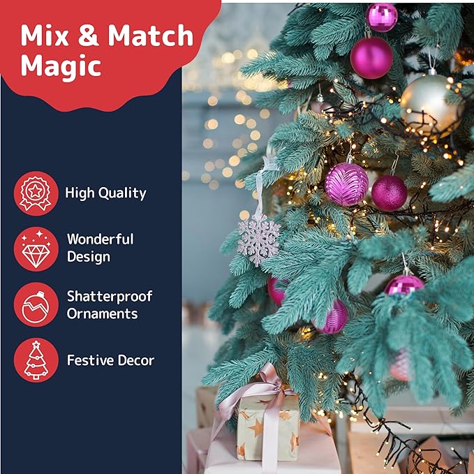 Prextex 36-Pieces Fuchsia Pink Christmas Ornaments Set - Shatterproof, Festive Christmas Balls Decorations in 3 Sizes and 6 Styles with Hanging Loops for Tree, Wreath, and Dazzling Holiday Party Decor