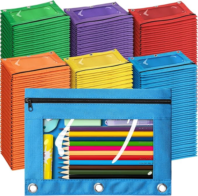 Pencil Pouch for 3 Ring Binder, Bulk 288 Pack 3-Holes Zipper Pencil Pouches in Assorted Colors, Sturdy and Durable Cloth Pencil Holder with Clear Window for Office School College Supplies