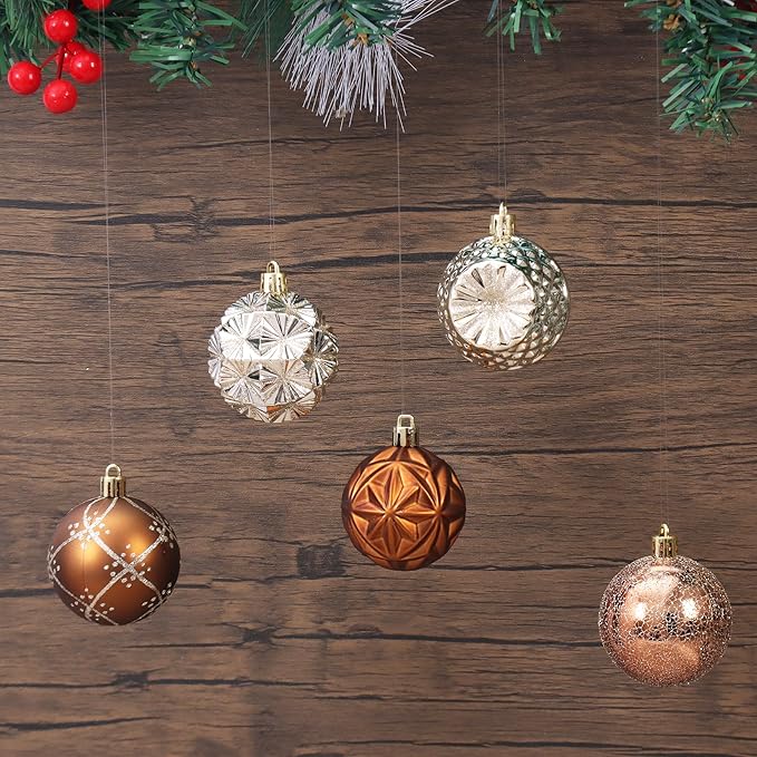 100ct Brown and Gold Christmas Ornaments Set, Shatterproof Fall Thanksgiving Tree Decorations Elegant Champagne Plastic Assortment Xmas Ball Ornaments for Holiday Decor (Brown & Gold)