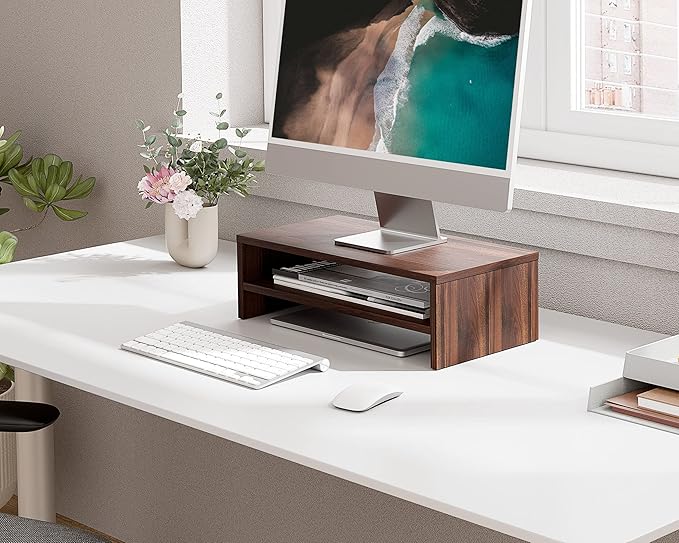FITUEYES Monitor Stand - 2 Tier Computer Monitor Riser Shelf, Wood Desktop Stand for Laptop Computer Screen, Desk Organization, Office Supplies