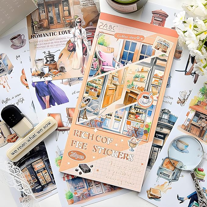 Snycler Coffee Corner Series Sticker Book - 20 Sheets Vintage PET Stickers for Scrapbooking, Junk Journaling, Ephemera, and Decorative Crafts - Pre-Cut Coffee Theme Stickers
