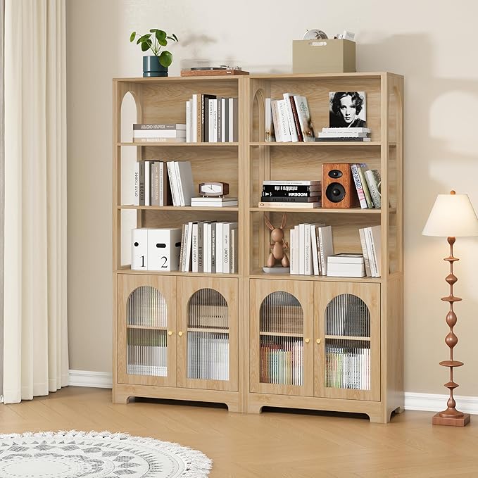 RARZOE Set of 2 Bookshelves and Bookcases, 5-Tier Arched Bookshelf with Glass Doors, Floor Standing 5 Shelf Book case, Wood Display Cabinet Storage Organizer for Living Room, Bedroom, Office(Natural)