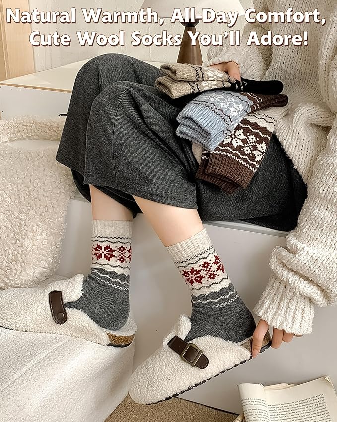 IIG Cute Warm Wool Socks for Women Super Cozy Thick Crew Winter Socks Gifts, 5 Pairs