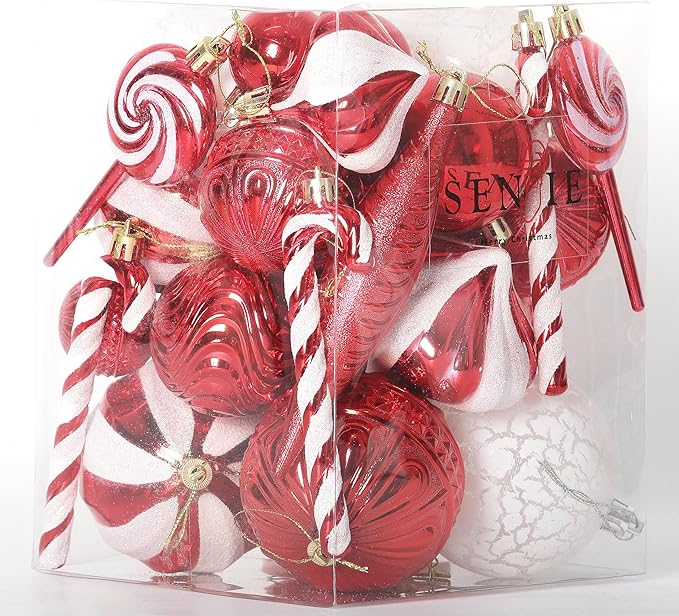 Christmas Tree Ornaments 36 pcs Multi-Size Candy Cane Shatterproof Ball Ornaments Set for Christmas Holiday Wreath & Party Decorations,Red