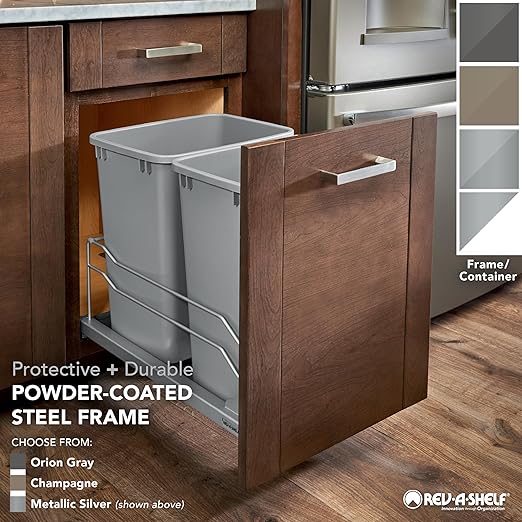 Rev-A-Shelf Double Pullout Trash Can for Base Kitchen Cabinets 27 Quart 12.5 Gallon with Soft-Close Slides, Metallic Silver, 53WC-1527SCDM-217