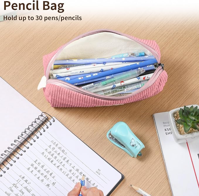 Pencil Bag Pen Case, Soft Corduroy Small Pencil Pouch Organizer with Zipper, Cute Pencil Case Pouch Stationery for Girls and Boys – Pink