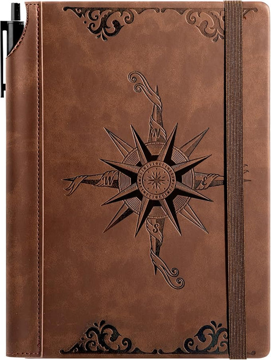 CAGIE Compass Leather Notebook Journal for Men, 100 GSM 288 Pages Lined Journals for Writing, A5 Hardcover Journaling Notebooks Gift Set with Pen for Travel Office Daily Writing