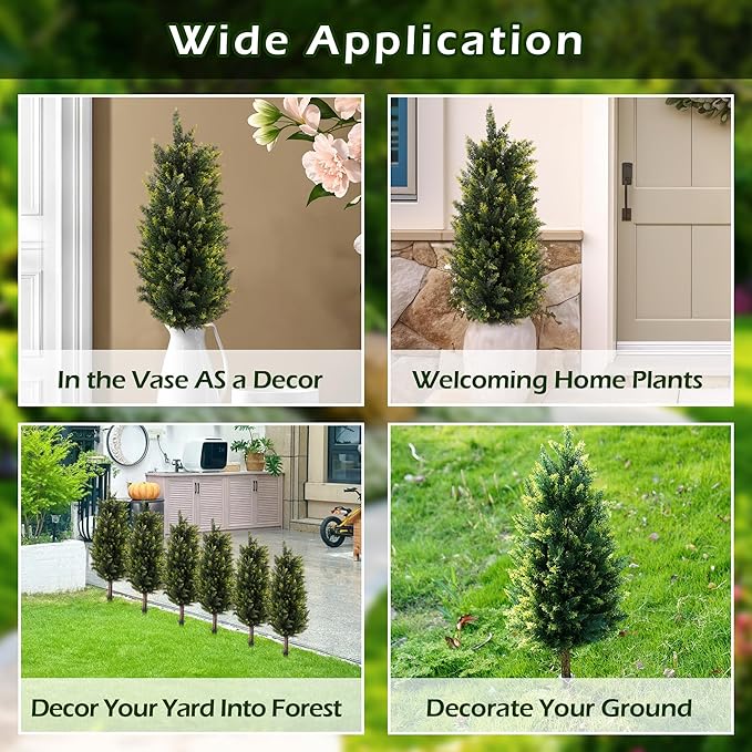40inch Artificial Cedar Christmas Trees, 2 Sets Faux Cypress Topiary with Spikes, Weatherproof UV Resistant Fake Shrubs Cypress for Outdoor Front Porch Planters, Topiary Bush Balls Decor