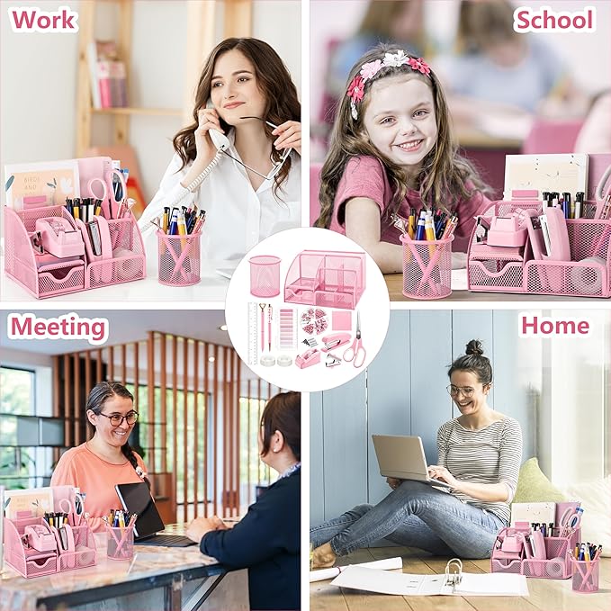 11 Pcs Pink Office Supplies Set Mesh Desk Organizer Accessories Kit Include Stapler Tape Dispenser Staple Remover Clips Ruler Scissors Sticky Notes for Office School Home Women (Pink)