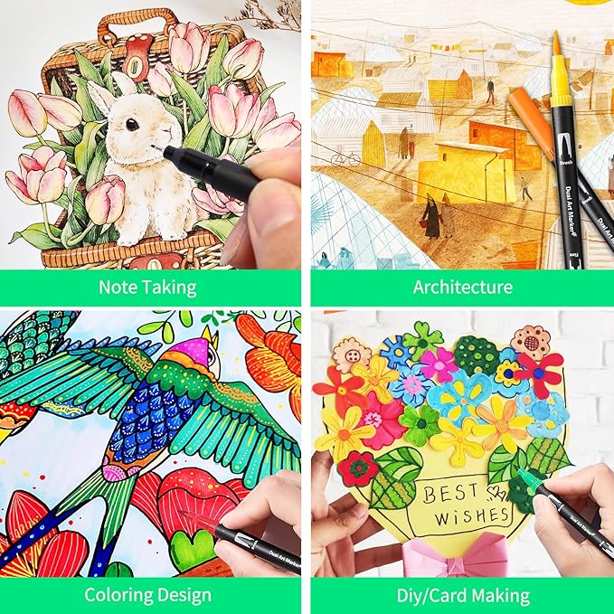 Double Brush Marker Pens, 144 Colors Art Markers Set with Fine Tip and Brush Tip for Kids Adult Coloring Book Hand Lettering Calligraphy Drawing Art Supplies Kit