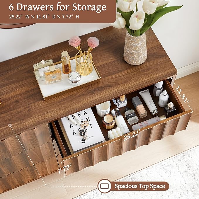 Fluted 6 Drawer Dresser, 53" Wide Modern Storage Chest of Drawers, Wood Drawer Organizer for Bedroom, Living Room, Hallway