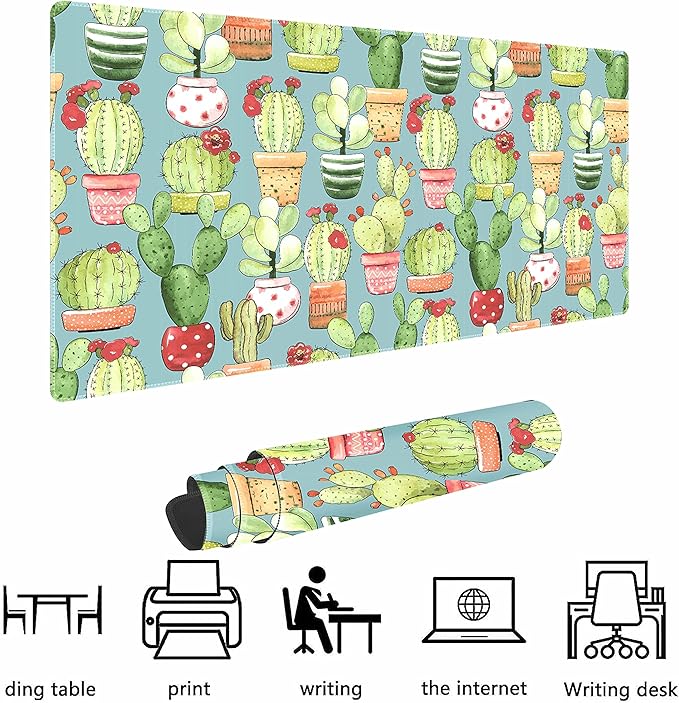 Green Cactus Non-Slip Rubber Large Mouse pad for Desk,Large Gaming Mouse Pad XXL Extended Mouse pad with Stitched Edges Non-Slip Base Water Resist Pad Desk Mat 35.4x15.7inch