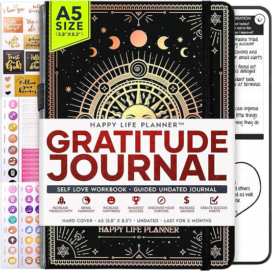 Gratitude Journal for Women & Men - 5 Minute Self Care Journal | 90-Day Undated Daily Planner for Positivity, Affirmations & Manifestation | Guided Mindfulness, Reflection | Vision Board + Stickers