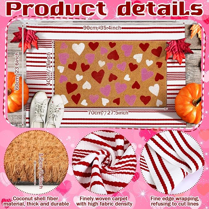 2 Pcs Valentine's Day Coir Welcome Doormat Outdoor Valentine's Day Rug Layered Red and White Stripe Mat Red Heart Mat for Front Porch Outdoor Entryway