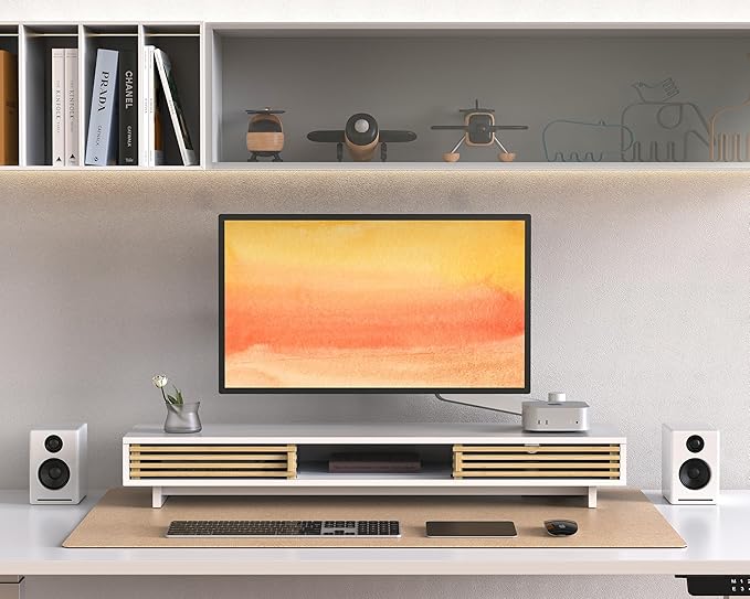 Dual Monitor Stand Riser with Sliding Door, Double Computer Laptop Stand Desk Shelf Organizer with Storage (White + Natural Bamboo, 38 Inch)