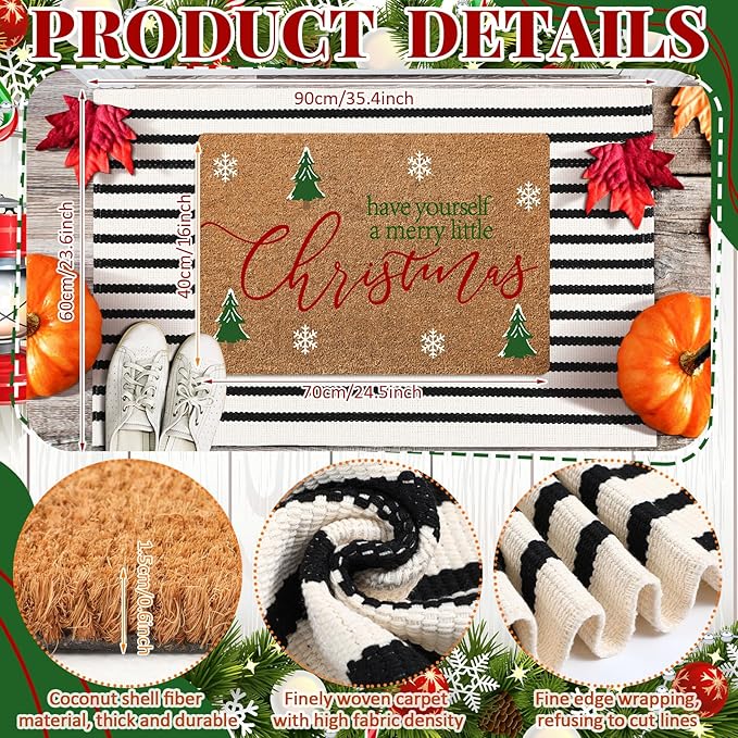 2 Pcs Christmas Door Mat Outdoor Have Yourself a Merry Little Christmas Nature Coir Welcome Outdoor Rug Black White Stripe Xmas Rugs for Front Porch Floor Indoor Entrance Decor