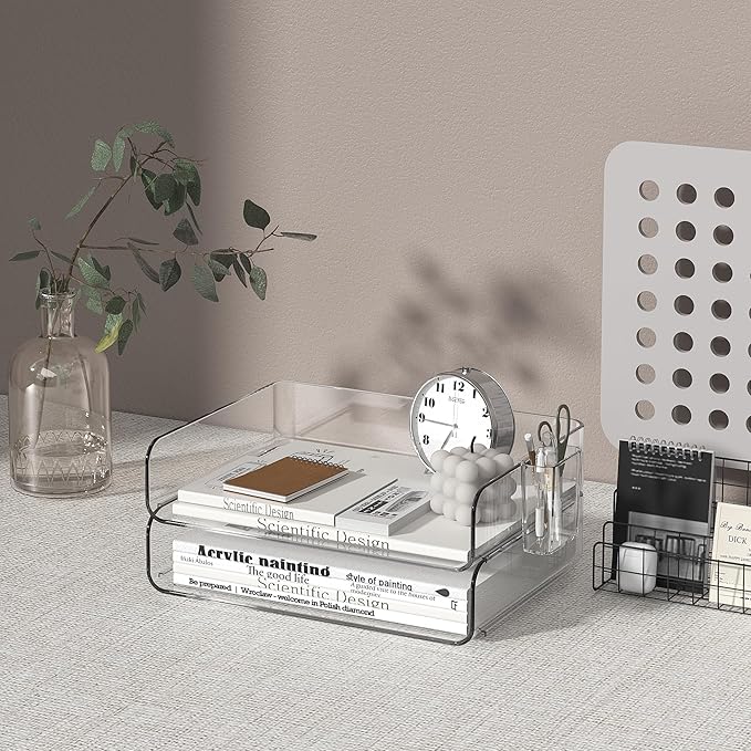 2-Tier Office Organizer with Pen Holder, Stackable Paper Tray for Files, Letters, Books, Clear Paper Folder