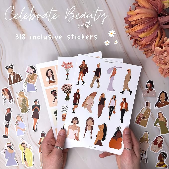People Scrapbook Sticker Set - 318 Journaling Scrapbooking Stickers. Planner Sticker Dolls with Diverse Girls & Black Women, Flowers, and Quotes
