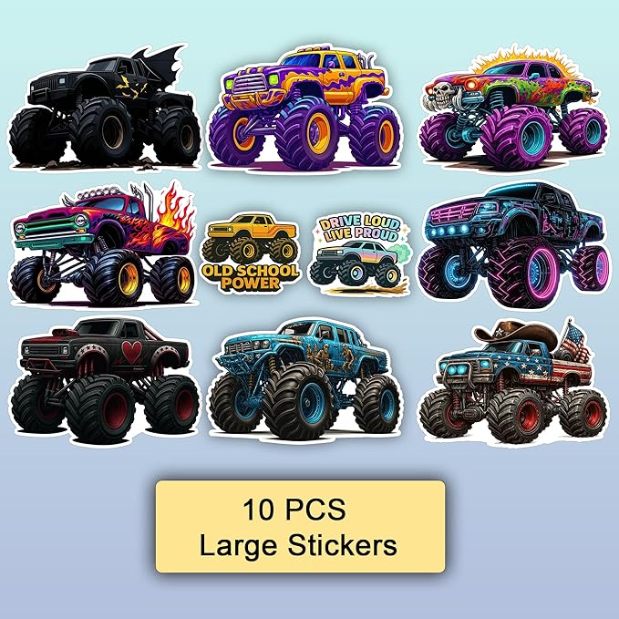 100 PCS Monster Truck Stickers Pack, Car Colorful Vinyl Waterproof Off Road Truck Decals for Kids Teens Adults Boys Girls, Gift for Laptop Water Bottle Helmet Scrapbook